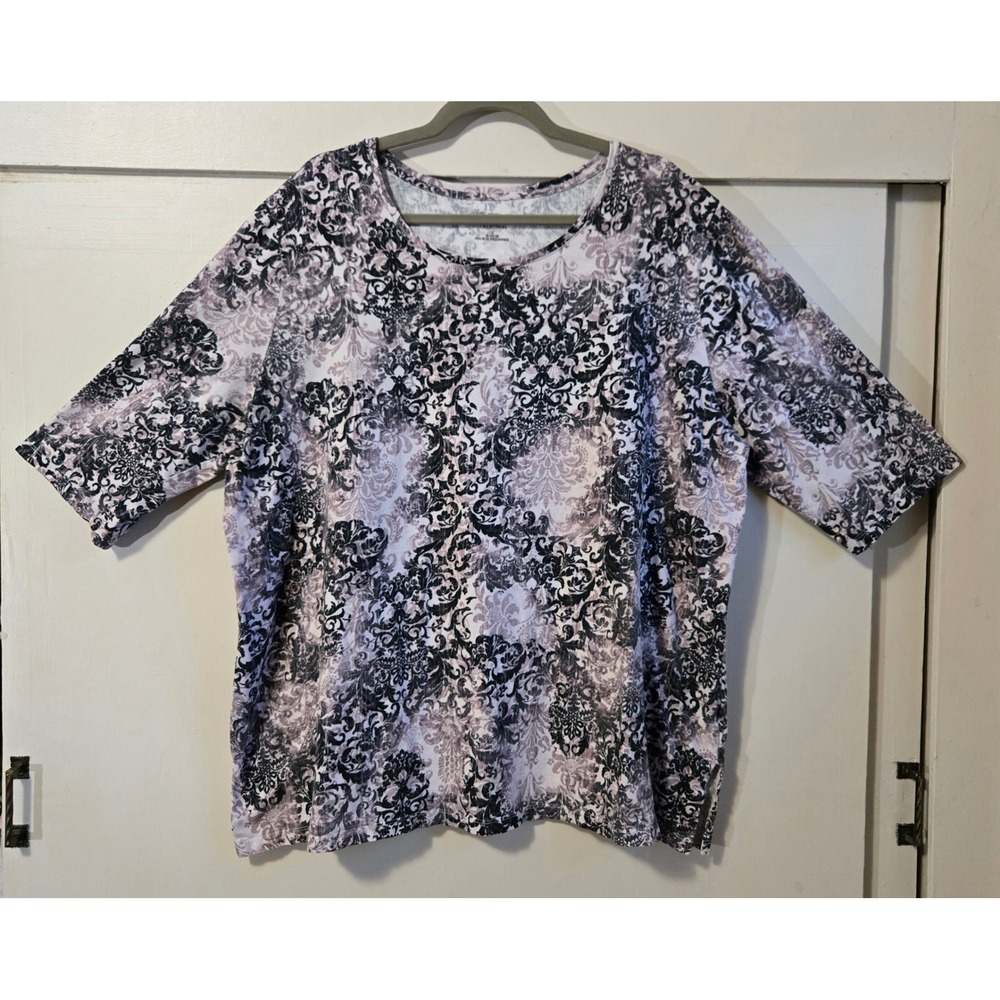 Catherines Easy Fit Tees Black White Damask Print Cotton Top 3X